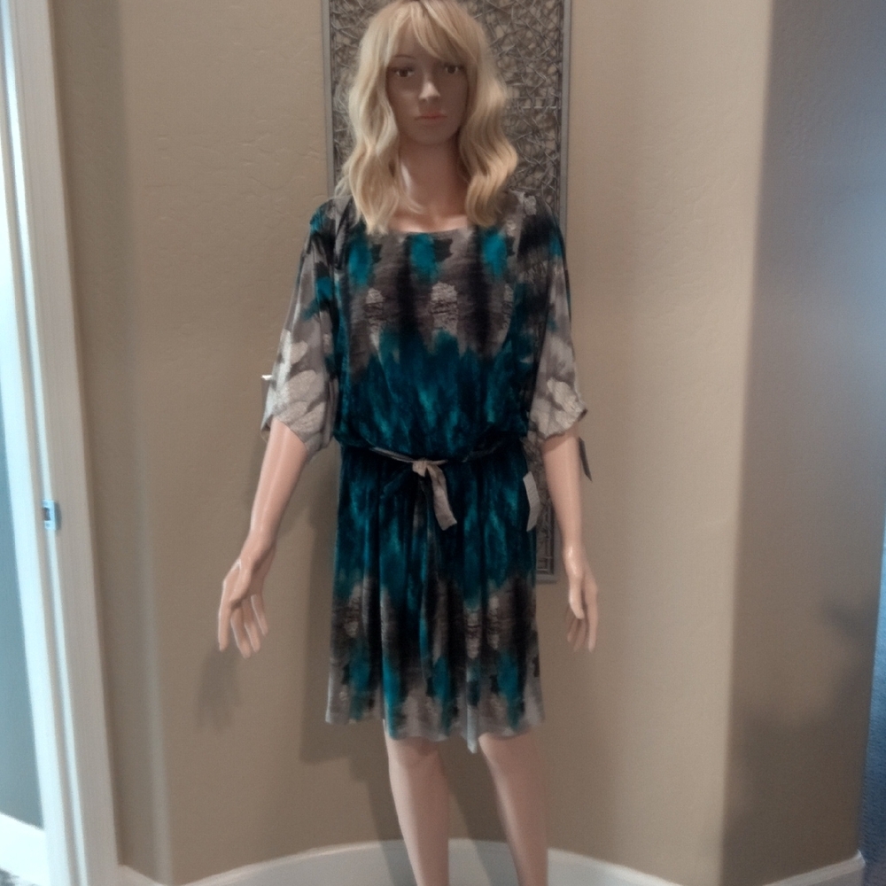 Suzi Chin Teal and Gray 3/4 Dolman Sleeve Dress
